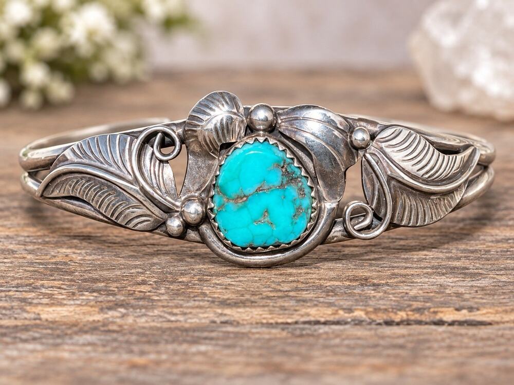 Vintage Navajo Sterling Silver Turquoise Cuff Bracelet Leaf Scroll Southwest 6.5